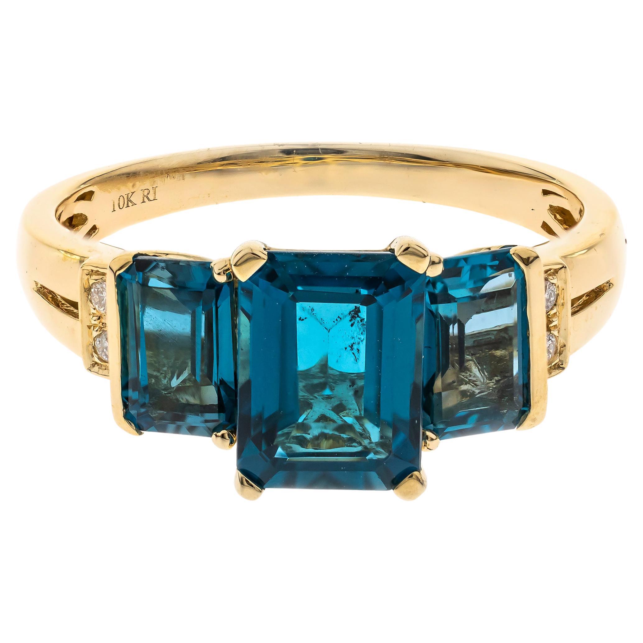 3.65 Carat Emerald-Cut London Blue Topaz Diamond Accents 10K Yellow Gold Ring