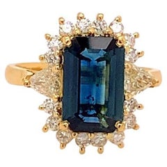 3.65 Carat Emerald Cut Teal Sapphire and Diamond Ring in 18K Yellow Gold