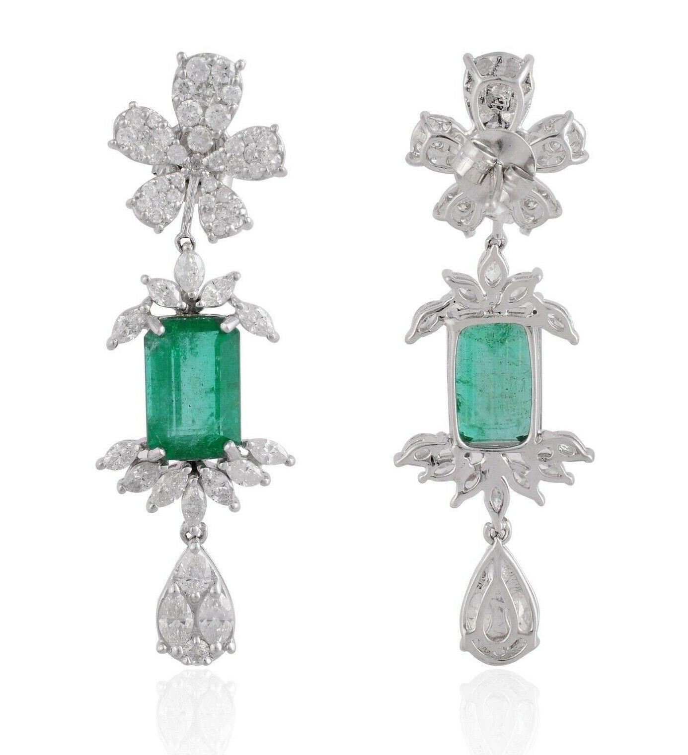 Modern 3.65 Carat Emerald Diamond 14 Karat White Gold Floral Earrings For Sale