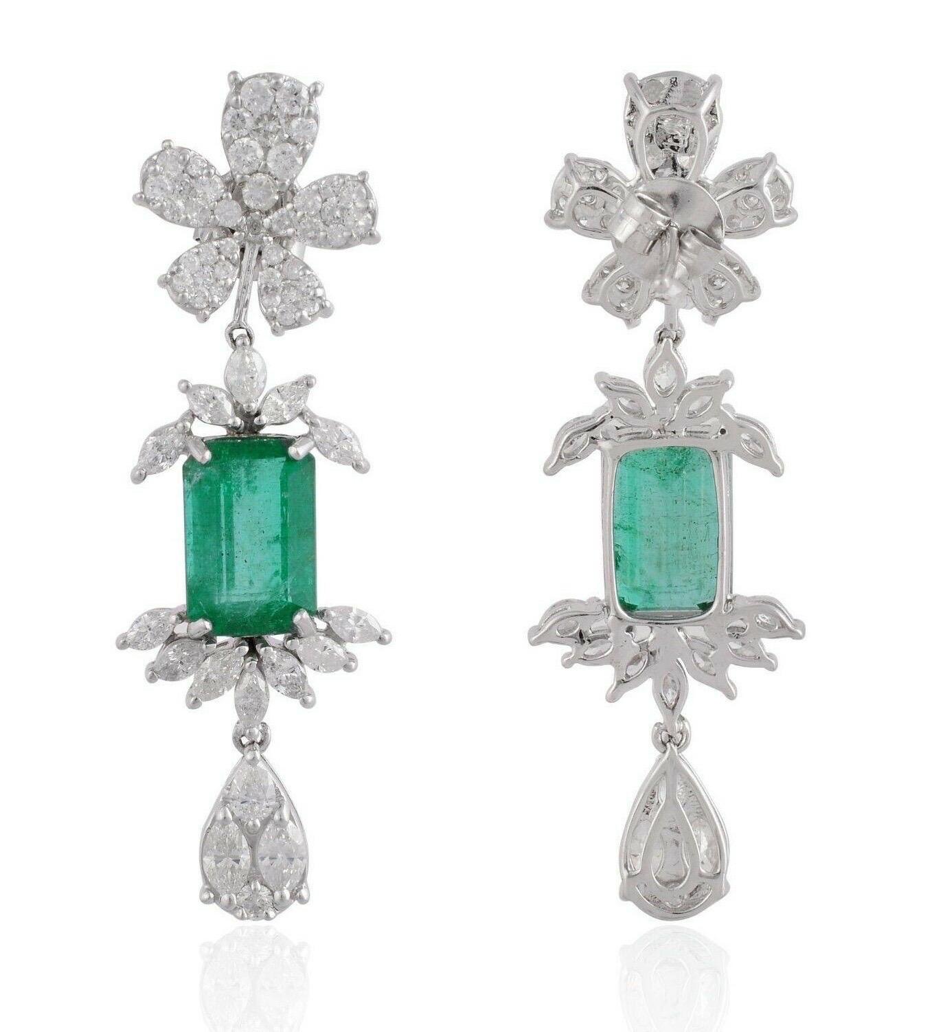 Mixed Cut 3.65 Carat Emerald Diamond 14 Karat White Gold Floral Earrings For Sale