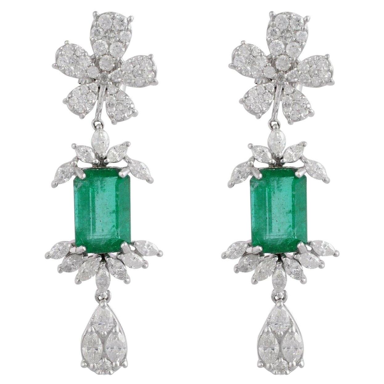 3.65 Carat Emerald Diamond 14 Karat White Gold Floral Earrings For Sale