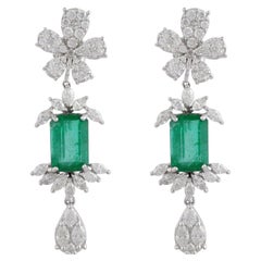 3.65 Carat Emerald Diamond 14 Karat White Gold Floral Earrings