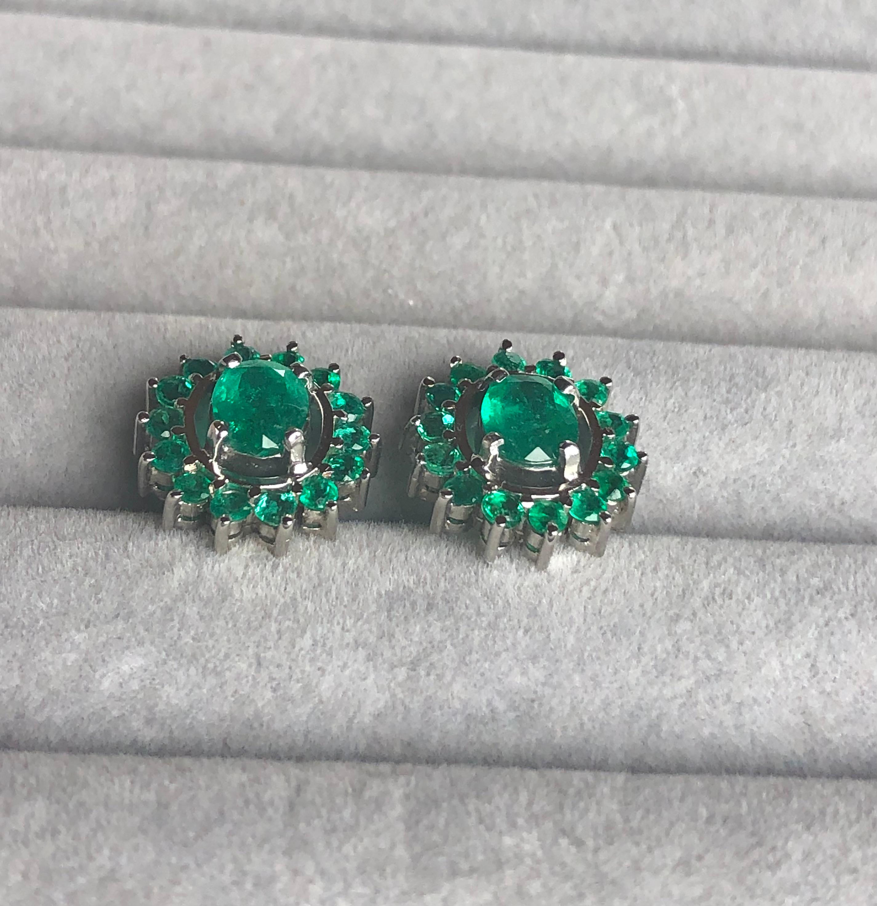3.56 Carat Colombian Emerald Oval 18 Karat White Gold Earrings For Sale 5