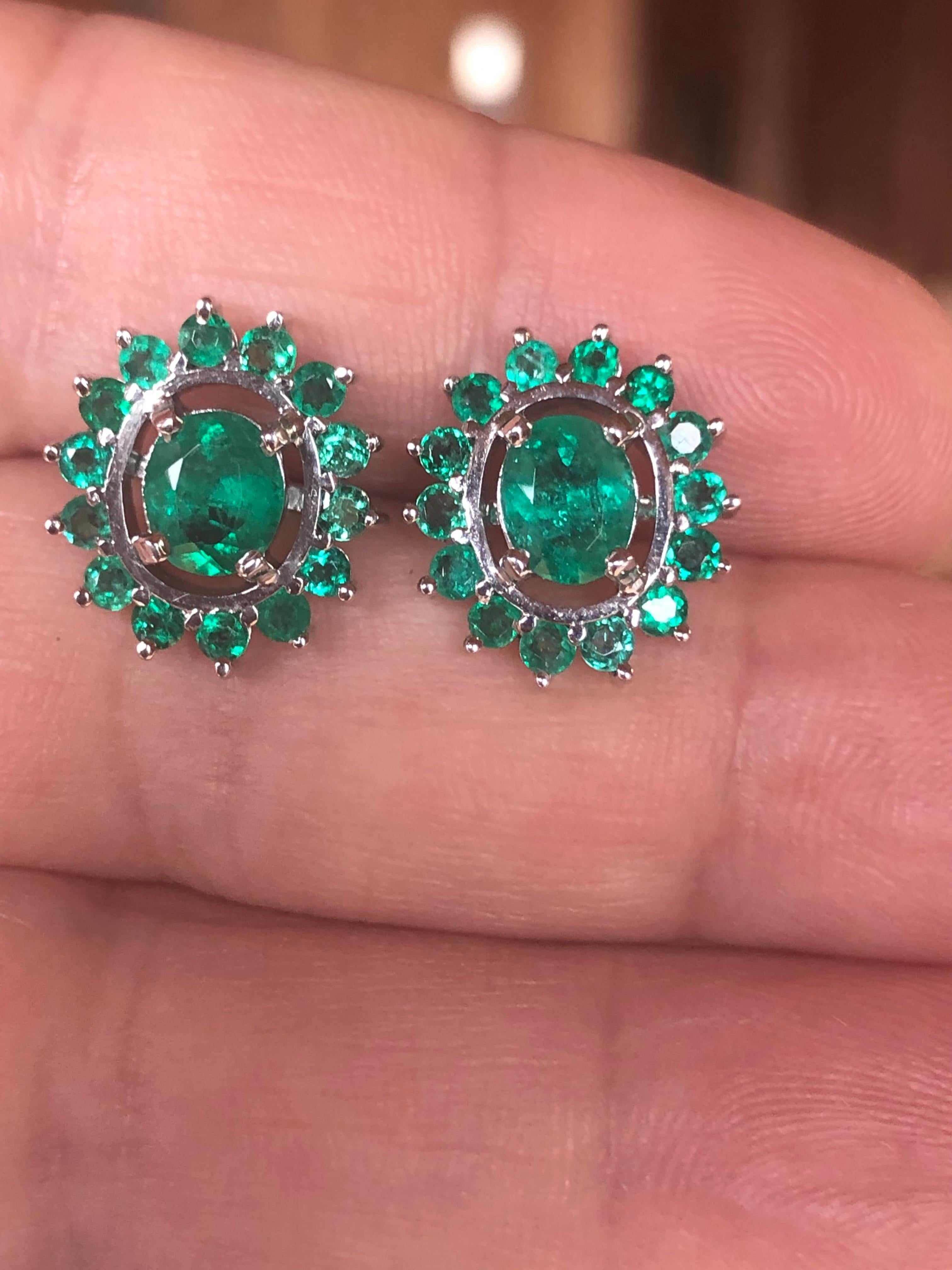 Oval Cut 3.56 Carat Colombian Emerald Oval 18 Karat White Gold Earrings For Sale