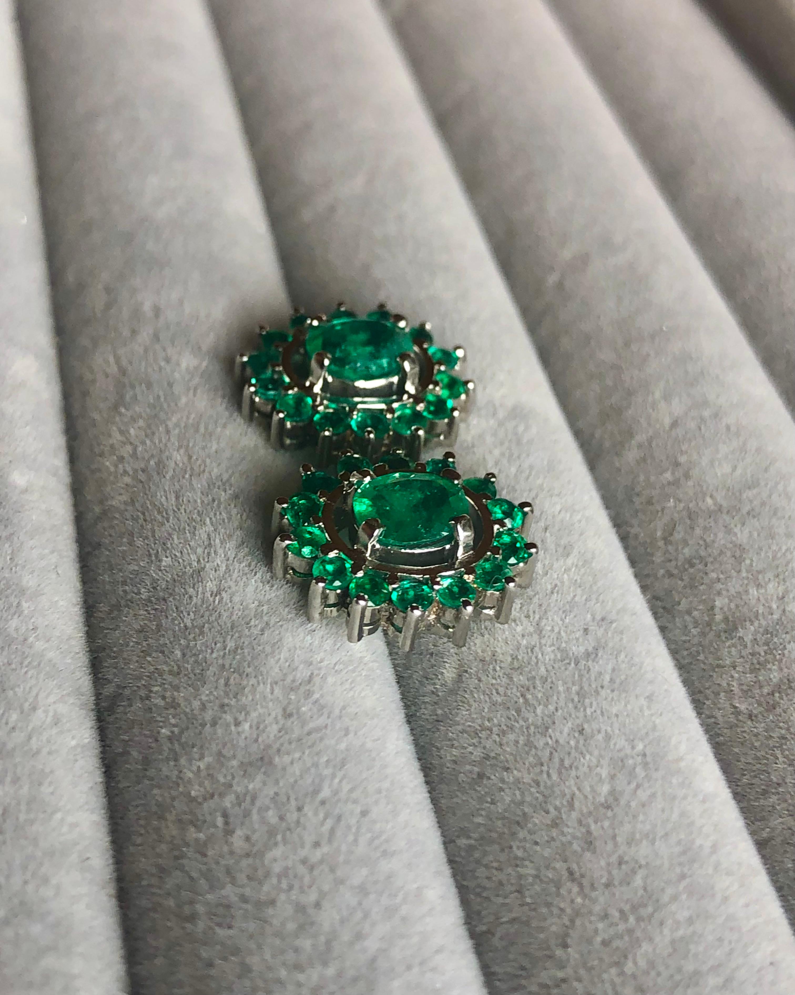 3.56 Carat Colombian Emerald Oval 18 Karat White Gold Earrings For Sale 1