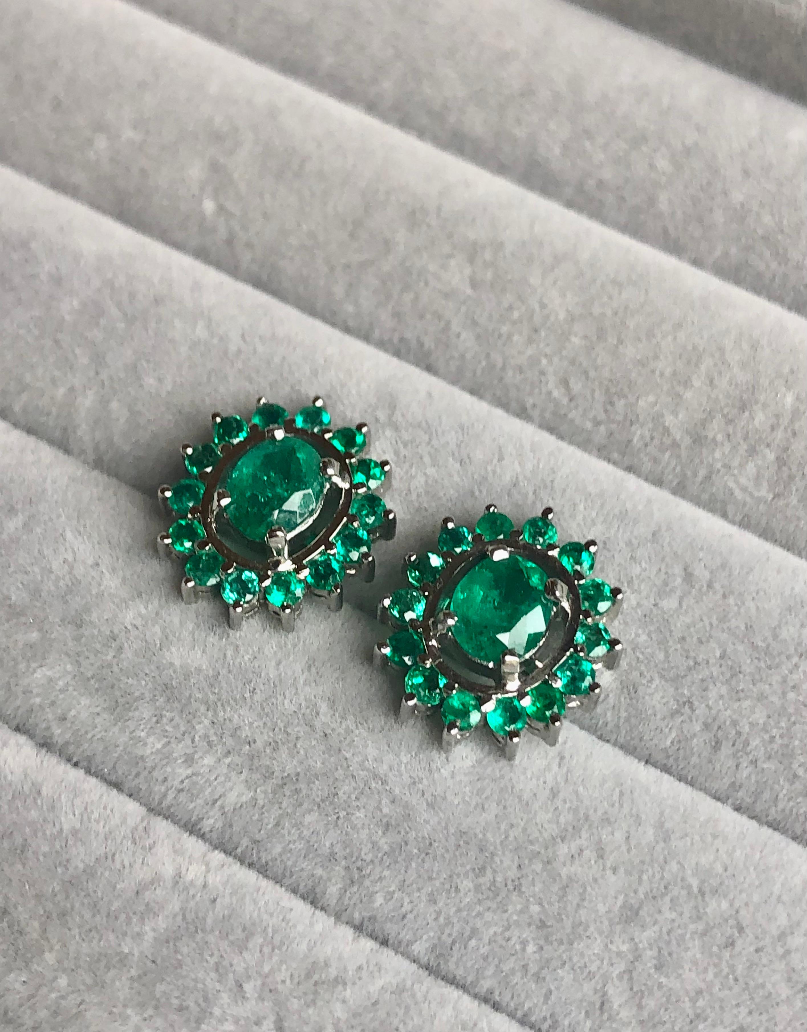 3.56 Carat Colombian Emerald Oval 18 Karat White Gold Earrings For Sale 2