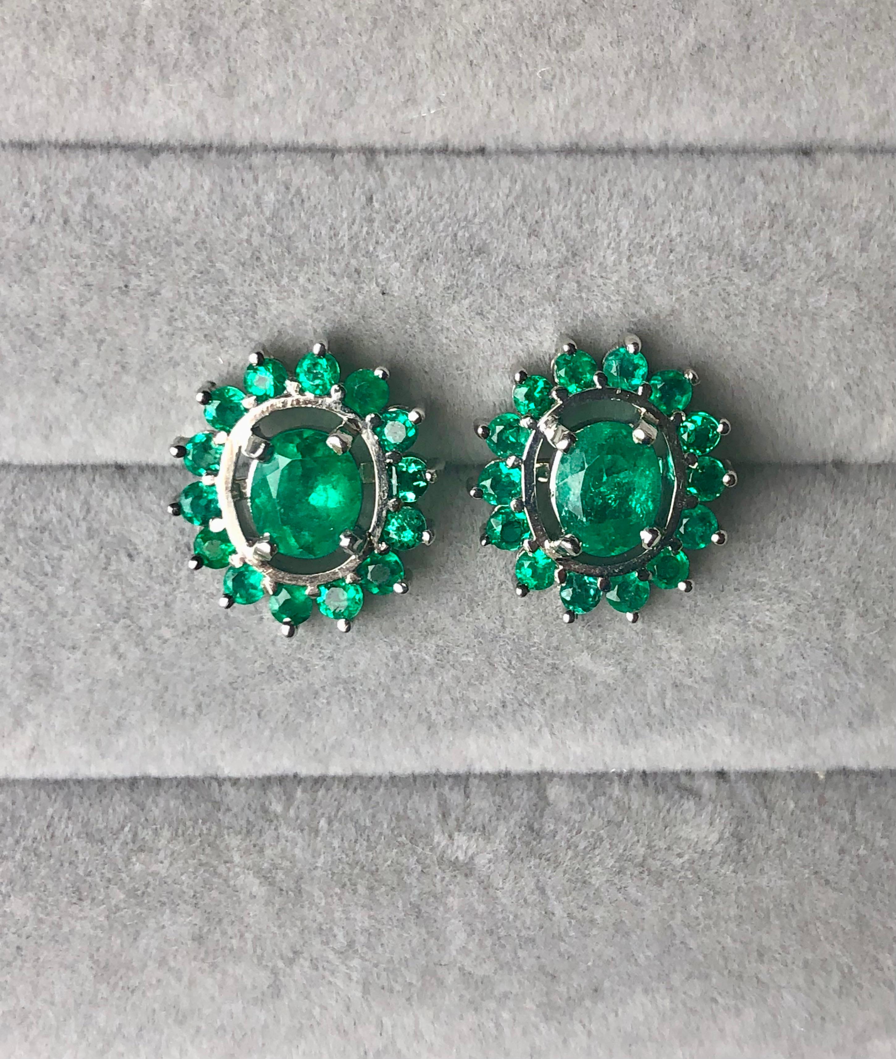 3.56 Carat Colombian Emerald Oval 18 Karat White Gold Earrings For Sale 3