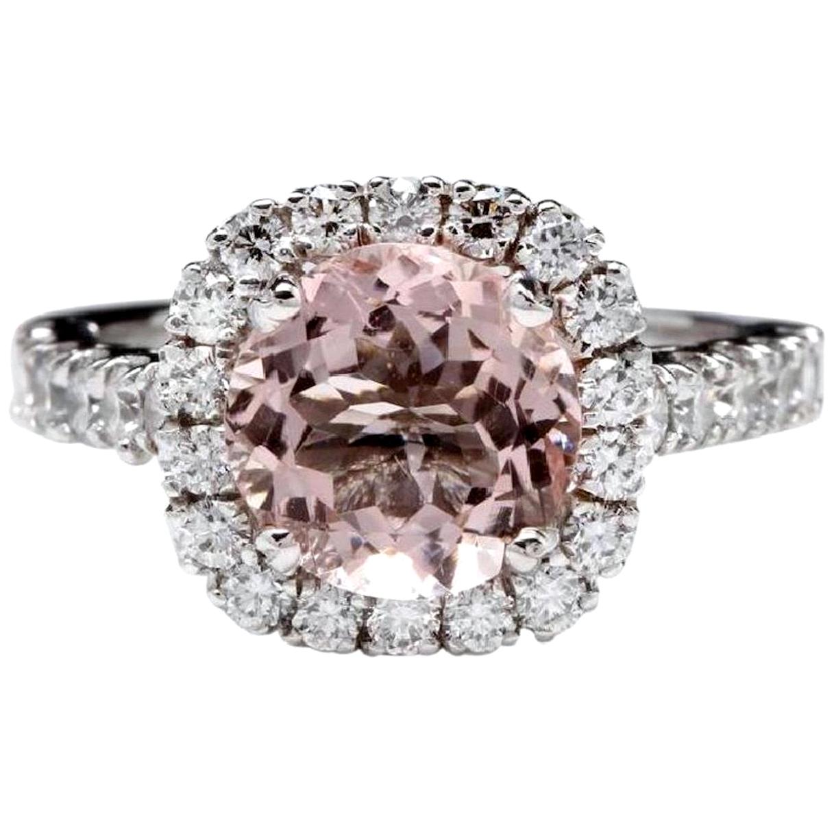 Exquisita Morganita Natural de 3,65 Quilates y Diamante Anillo de Oro Blanco Macizo de 14K