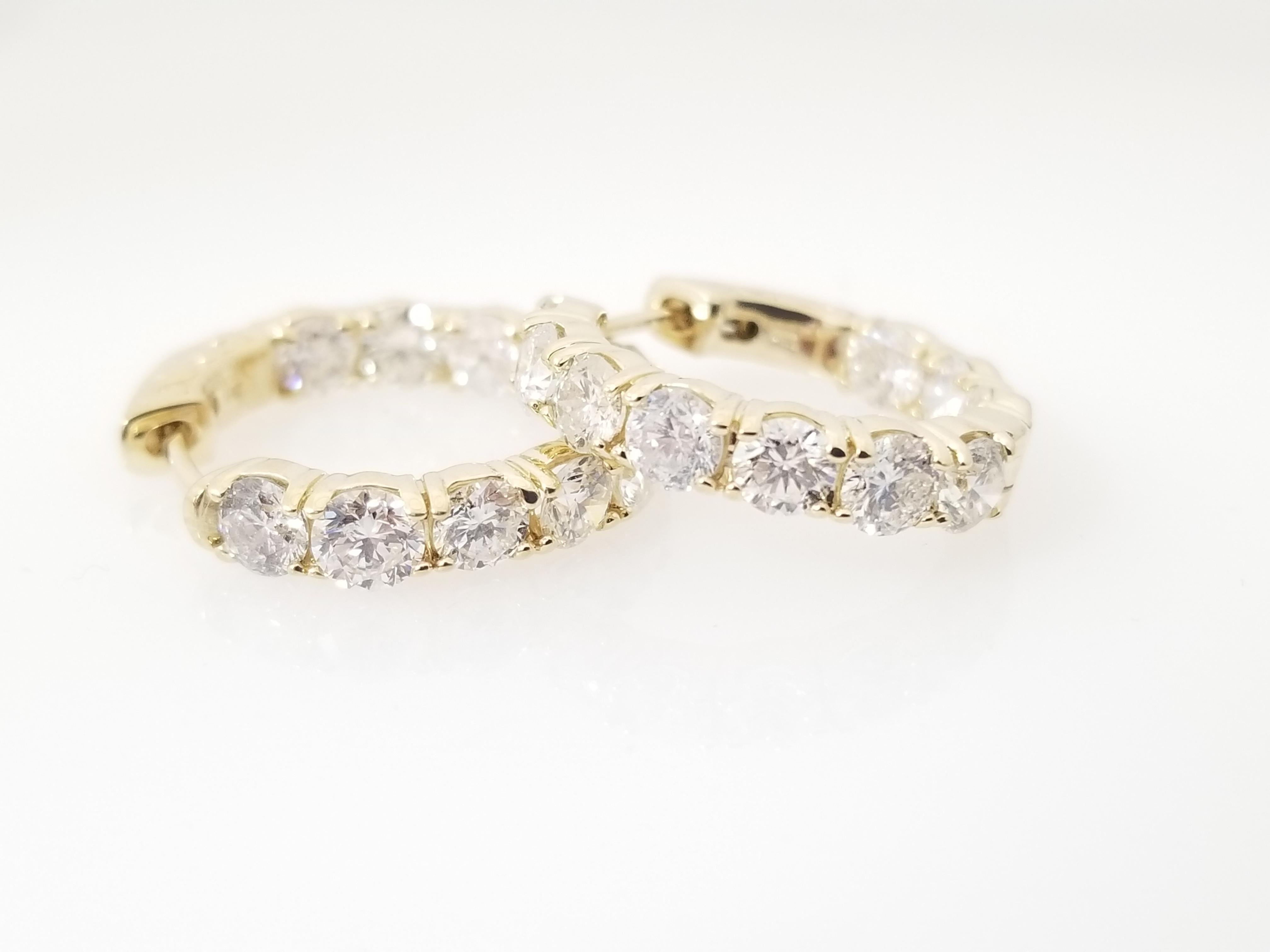 Round Cut 3.65 Carat Huggie Diamond Hoops Earrings 14 Karat Yellow Gold