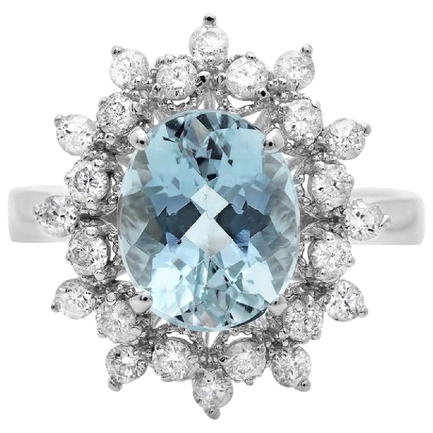 Impressionnante bague en or massif 14 carats avec aigue-marine naturelle et diamants de 3,65 carats