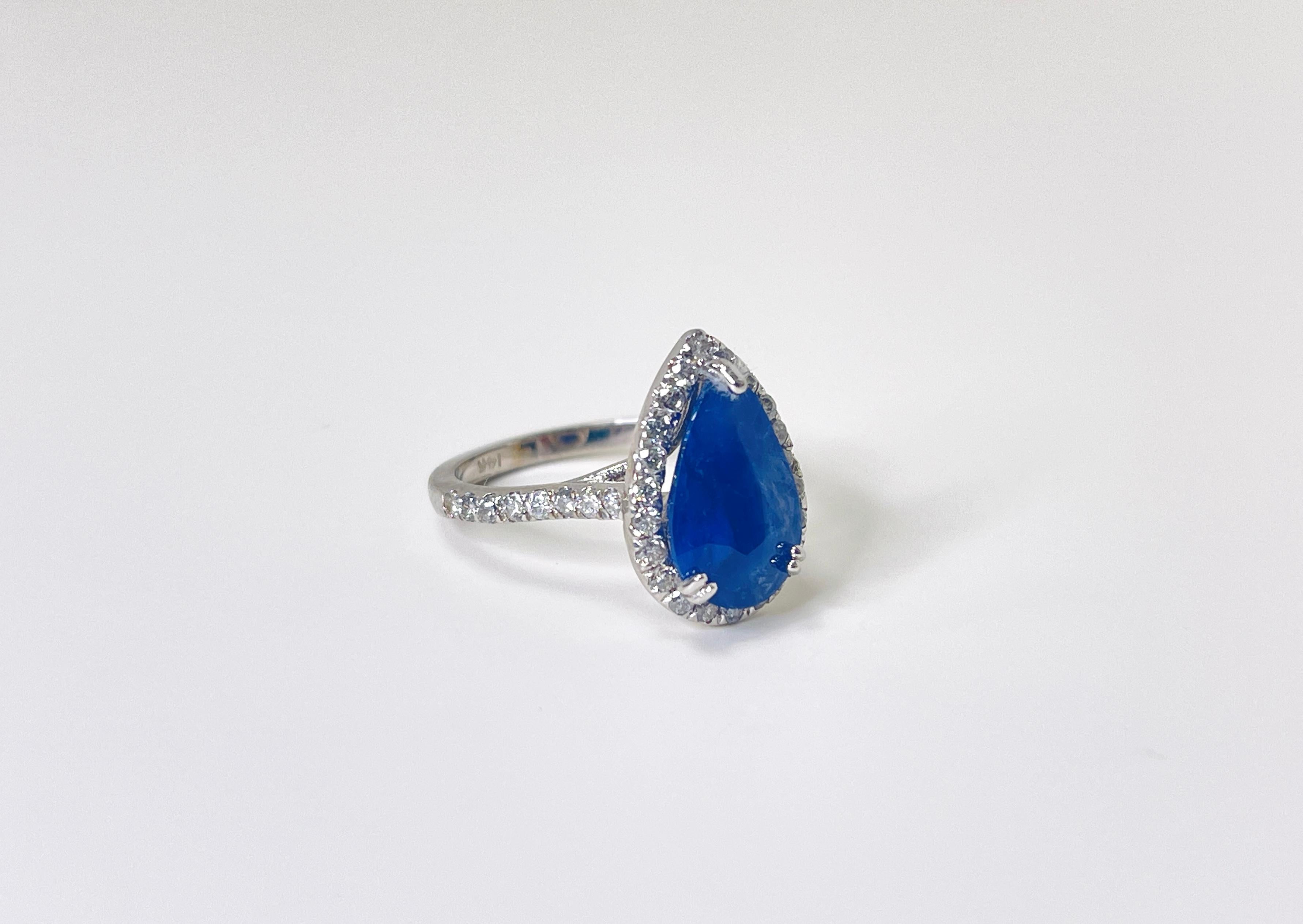 3.65 Carat Intense Blue Pear Cut Natural Sapphire Diamond 14K White Gold Ring For Sale 1