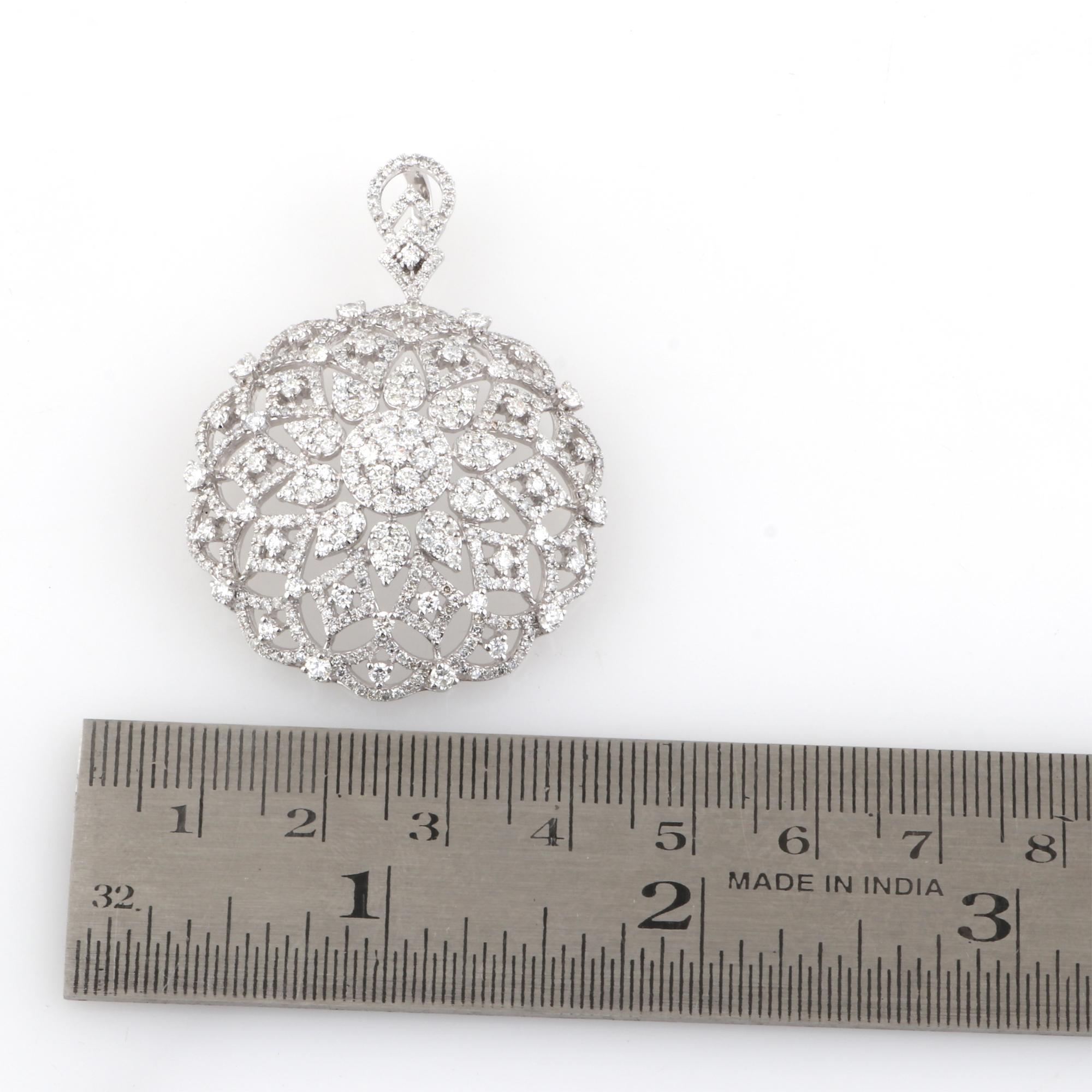 Round Cut 3.65 Carat Diamond Flower Design Pendant 10 Karat White Gold Handmade Jewelry For Sale