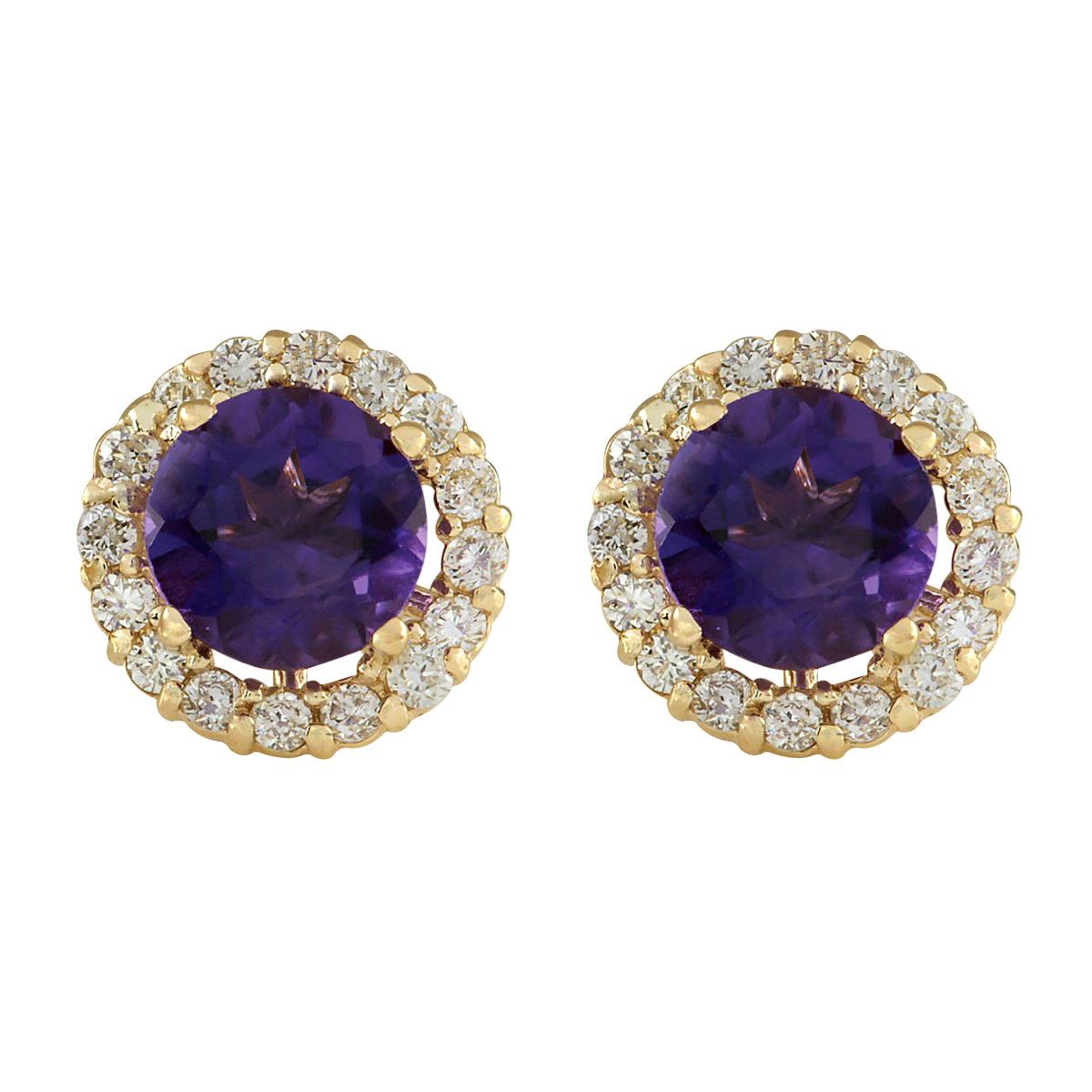 Amethyst Diamond Earrings In 14 Karat Yellow Gold For Sale