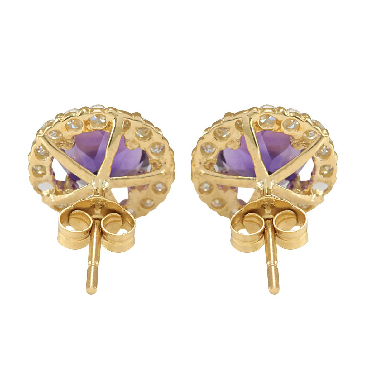 Stamped: 14K Yellow Gold
Total Earrings Weight: 1.5 Grams
 Total Natural Amethyst Weight is 3.00 Carat (Measures: 7.00x7.00 mm)
Color: Purple
Total Natural Diamond Weight is 0.65 Carat
Color: F-G, Clarity: VS2-SI1
Face Measures: 10.80x10.80 mm
Sku: