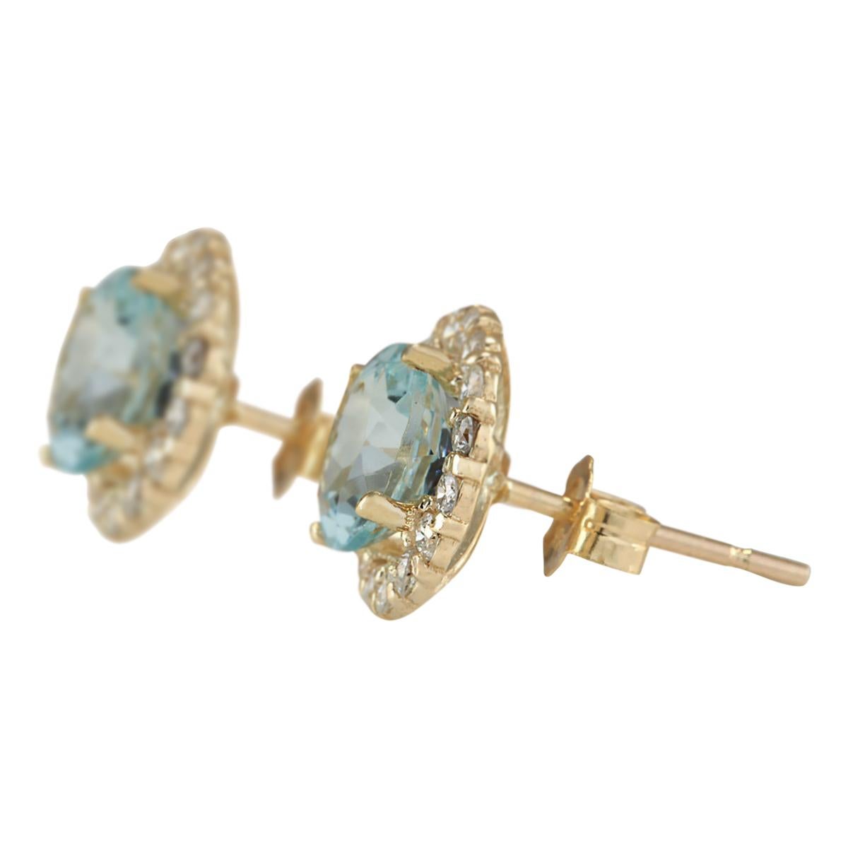 Stamped: 14K Yellow Gold
Total Earrings Weight: 2.0 Grams
Total Natural Aquamarine Weight is 3.00 Carat (Measures: 7.00x7.00 mm)
Color: Blue
Total Natural Diamond Weight is 0.65 Carat
Color: F-G, Clarity: VS2-SI1
Face Measures: 10.65x10.65 mm
Sku: