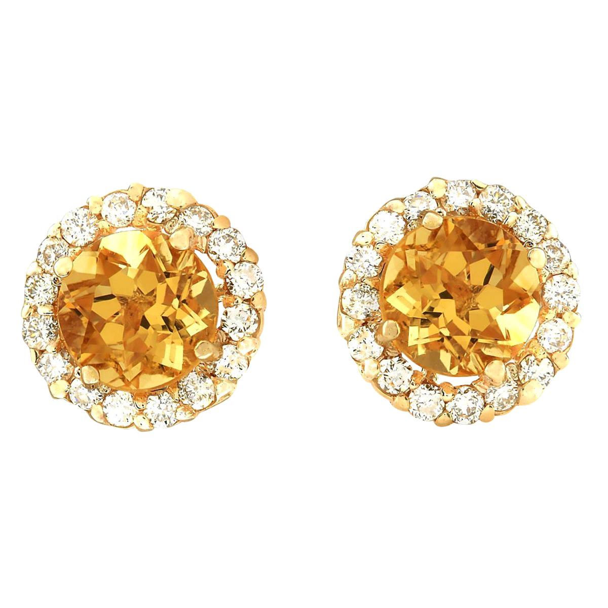 Natural Citrine Diamond Earrings In 14 Karat Yellow Gold  For Sale