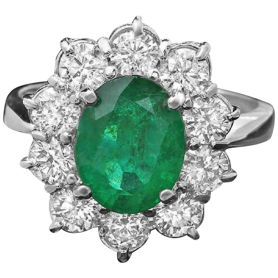 3.65 Carat Natural Emerald and Diamond 14 Karat Solid White Gold Ring For Sale