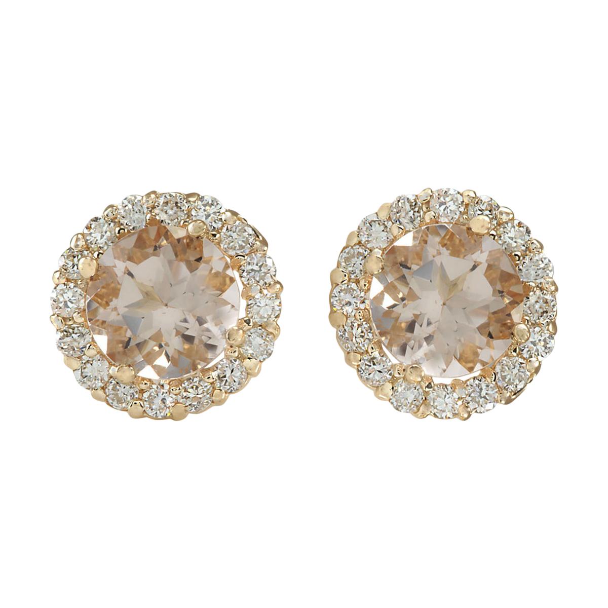 Morganite Diamond Earrings In 14 Karat Yellow Gold For Sale