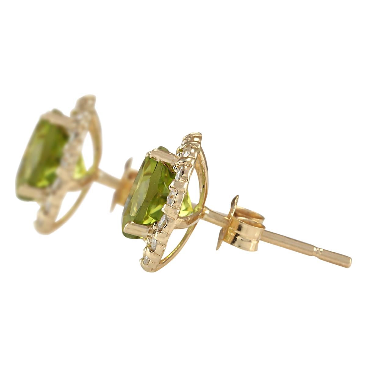 Stamped: 14K Yellow Gold
Total Earrings Weight: 2.0 Grams
Total Natural Peridot Weight is 3.00 Carat (Measures: 7.00x7.00 mm)
Total Natural Diamond Weight is 0.65 Carat
Color: F-G, Clarity: VS2-SI1
Face Measures: 10.50x10.50 mm
Sku: [703347W]