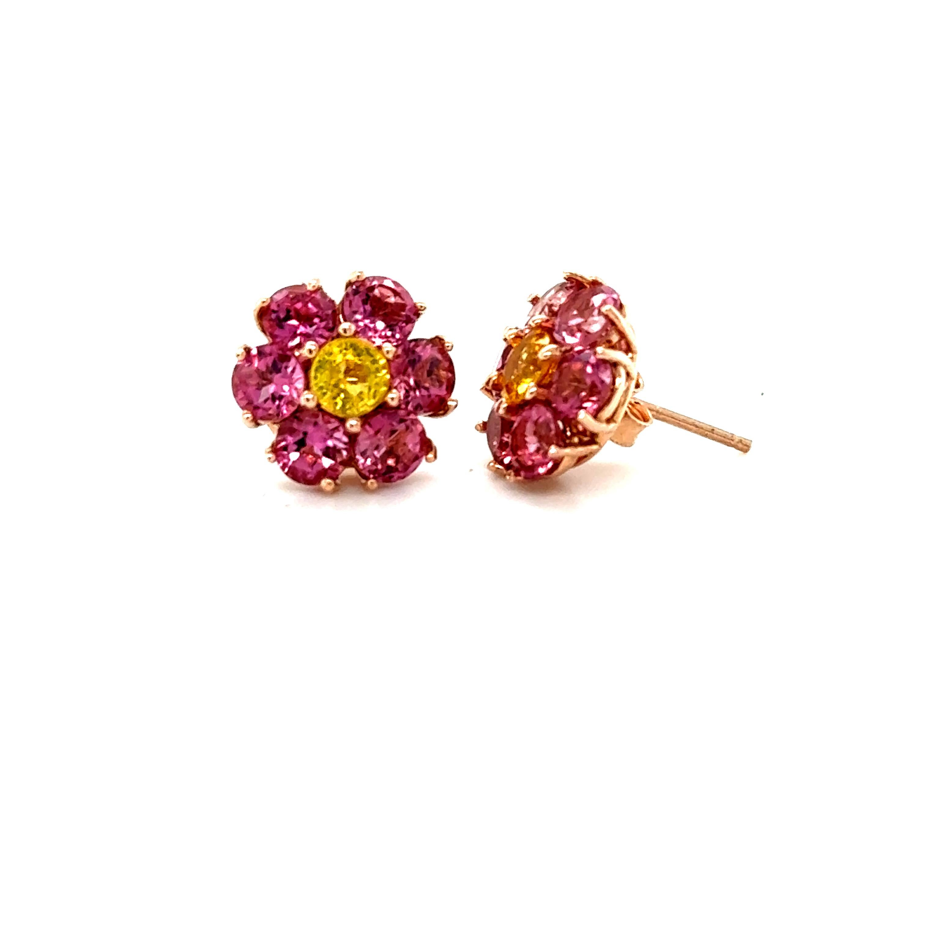 Contemporary 3.65 Carat Natural Pink Tourmaline Sapphire Rose Gold Stud Earrings For Sale