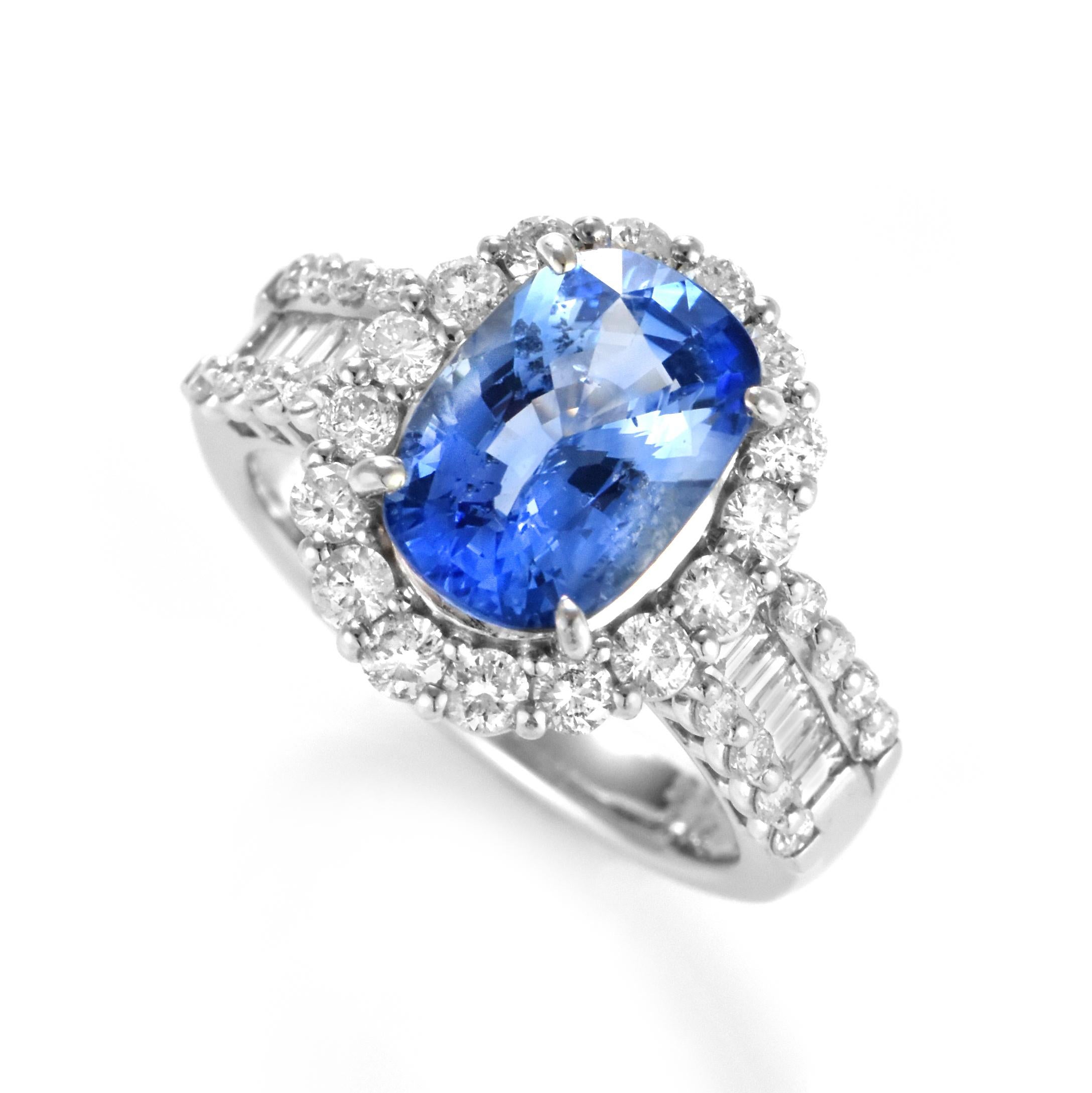 A beautiful ring featuring a 3.65 CaratNatural Sapphire and 1.16 Carats Diamond Accents set in Platinum. Sapphires have extraordinary durability - they excel in hardness as well as toughness and durability making them very popular in jewelry.