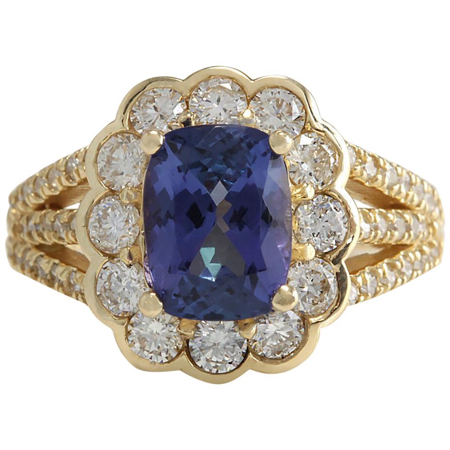 3.65 Carat Natural Tanzanite 18 Karat Yellow Gold Diamond Ring