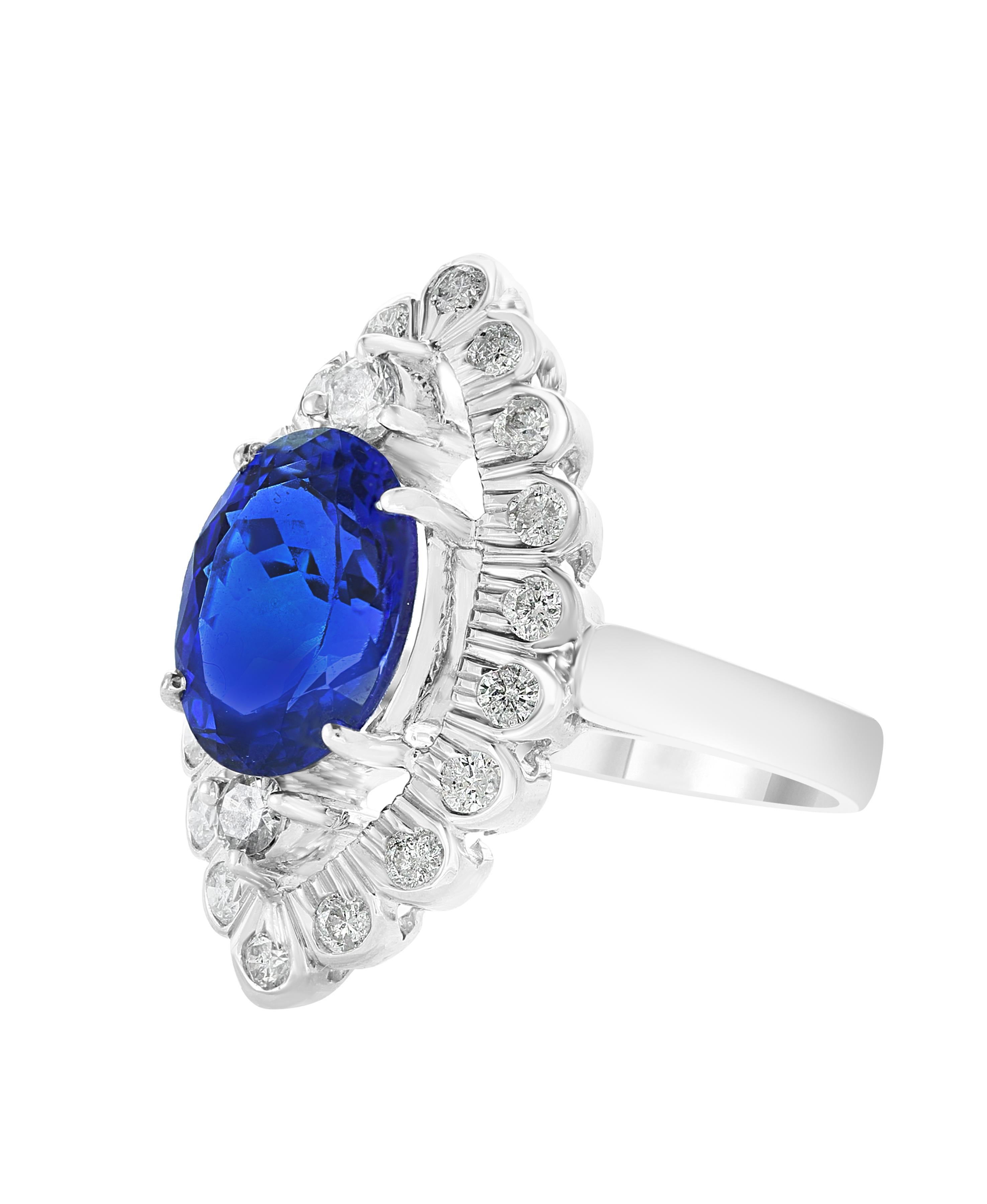 This extraordinary, 3.65 carat tanzanite is truly an extraordinary gemstone. There are  total  of 1.0 carats of shimmering white diamonds, this brilliant Oval-cut gem exhibits the rich violetish-blue color for which these stones are known and so