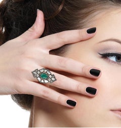 3.65 Carat Rosecut Diamond Emerald Cocktail Ring