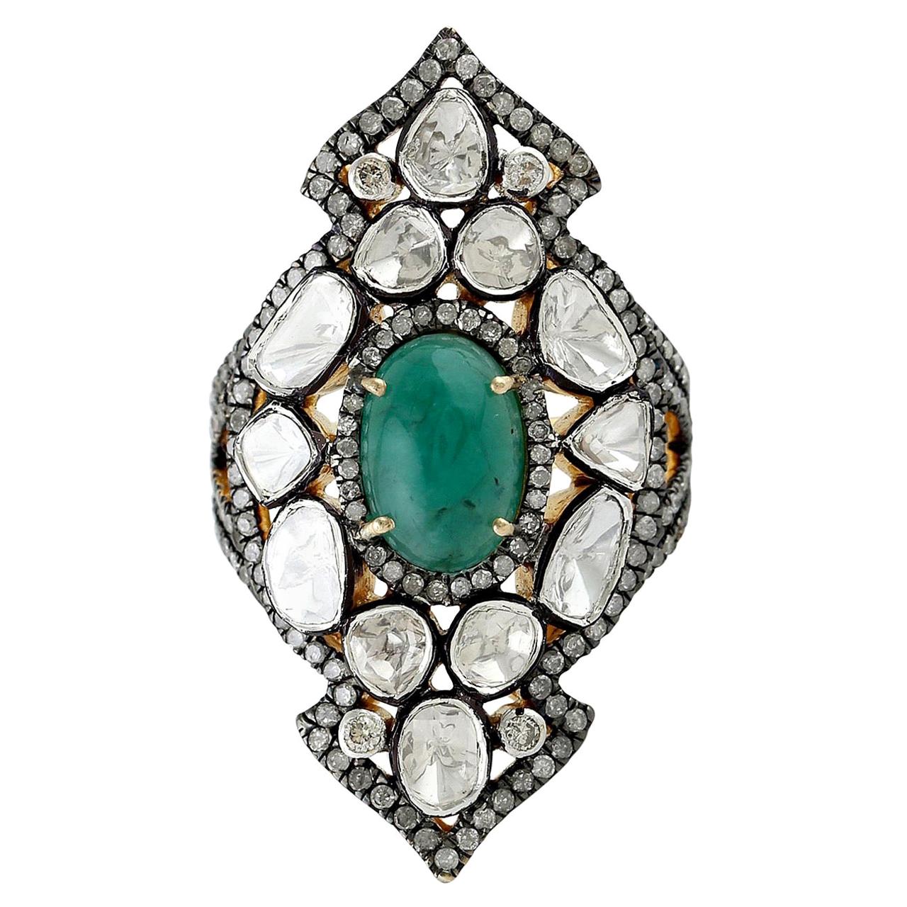 3.65 Carat Rosecut Diamond Emerald Cocktail Ring For Sale