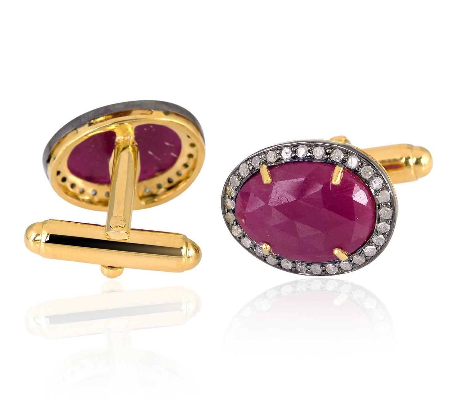 Cast from 18-karat gold and sterling silver, these cuff links are hand set with 3.65 carats Ruby and .56 carats of pave diamonds in blackened finish.

FOLLOW  MEGHNA JEWELS storefront to view the latest collection & exclusive pieces.  Meghna Jewels