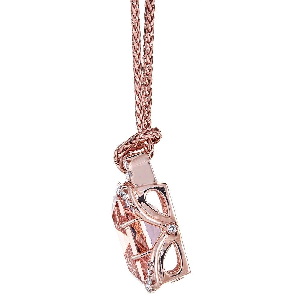 Radiant Cut 36.5ct Morganite Pendant 2.1 TCW diamond accents 14 karat Rose Gold In New Condition For Sale In New York, NY