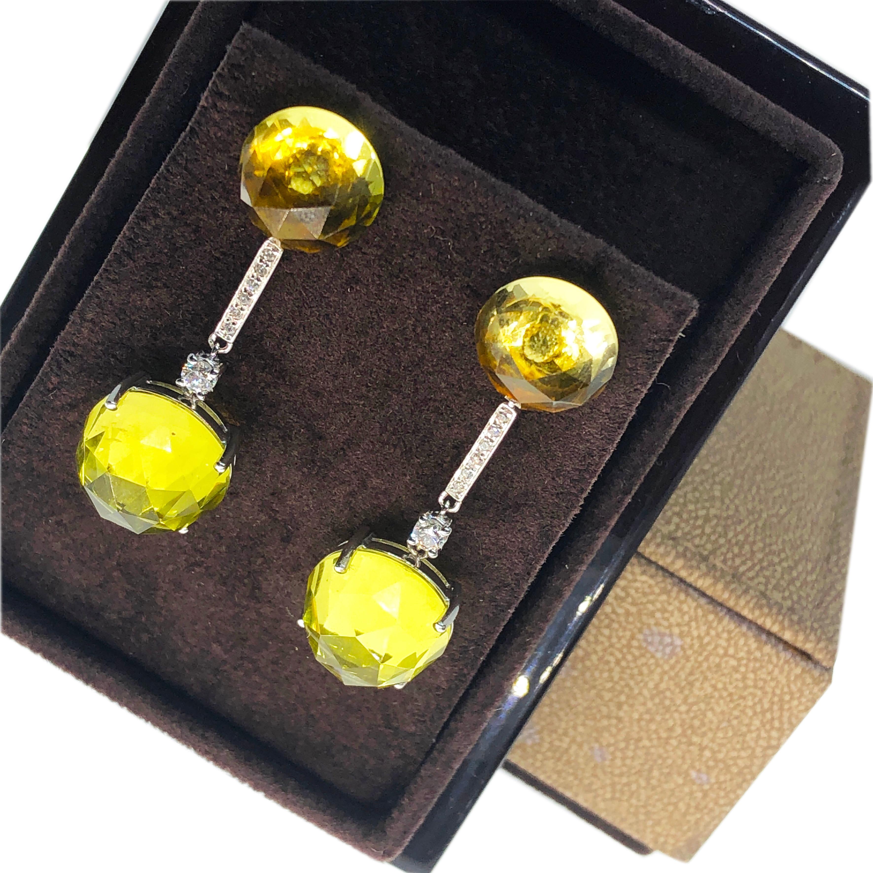 Berca 36.5Kt Citrine Quartz 0.33 Kt White Diamond Gold Setting Dangle Earrings For Sale 7