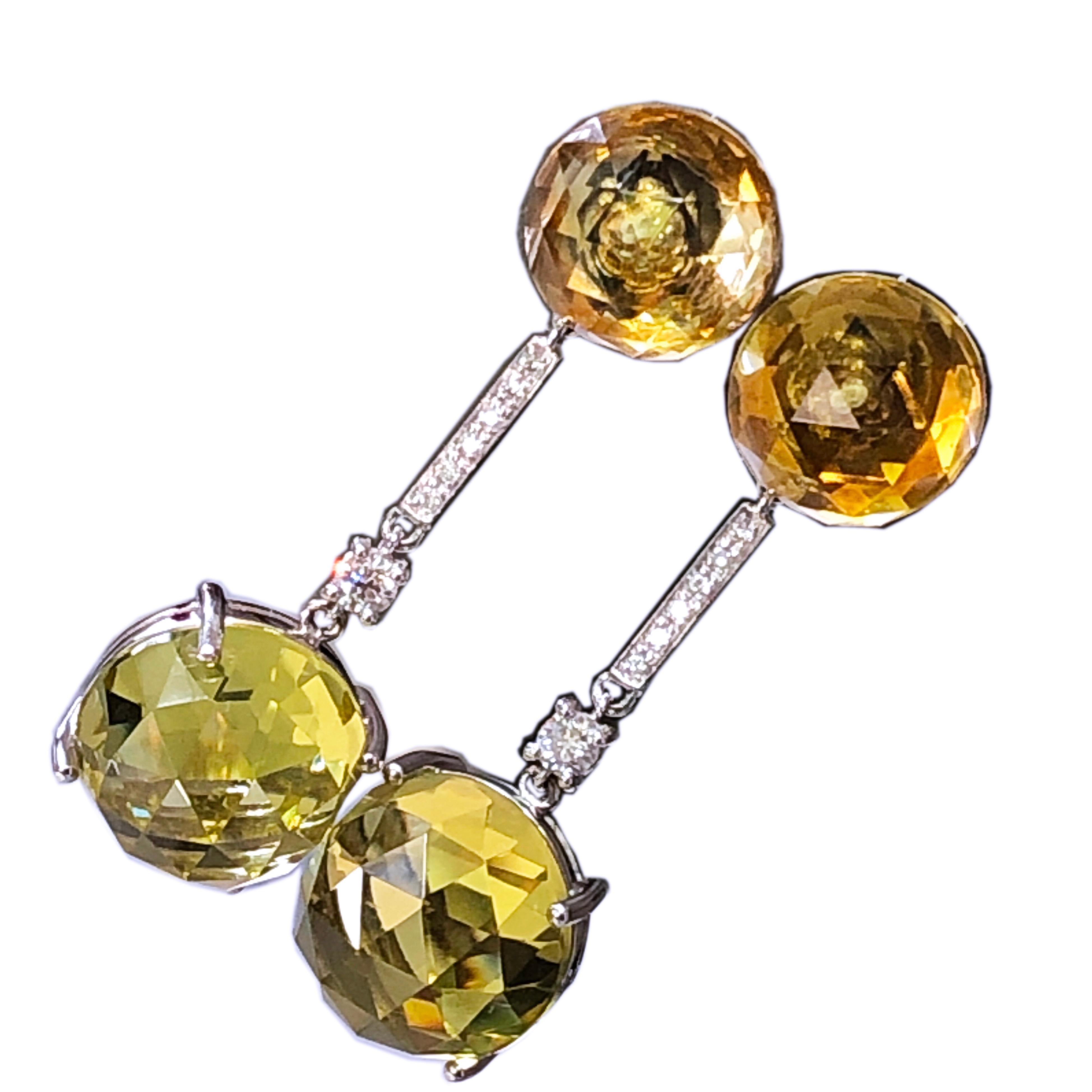 Chic yet timeless 36.50 Carat Faceted Cut Round Cabochon Natural Citrine Quartz in a 0.33 Carat White Diamond 18KT White Gold Setting Dangle Earrings.

In our smart fitted Burgundy Leather Case.
Total Lenght 1.96 inches