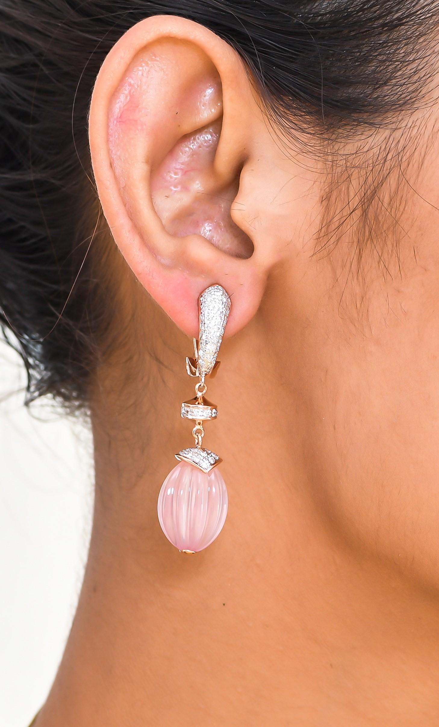 Bead 36.52 Carat Rose Quartz Melon and Diamond 18kt Rose Gold Drop Earrings For Sale