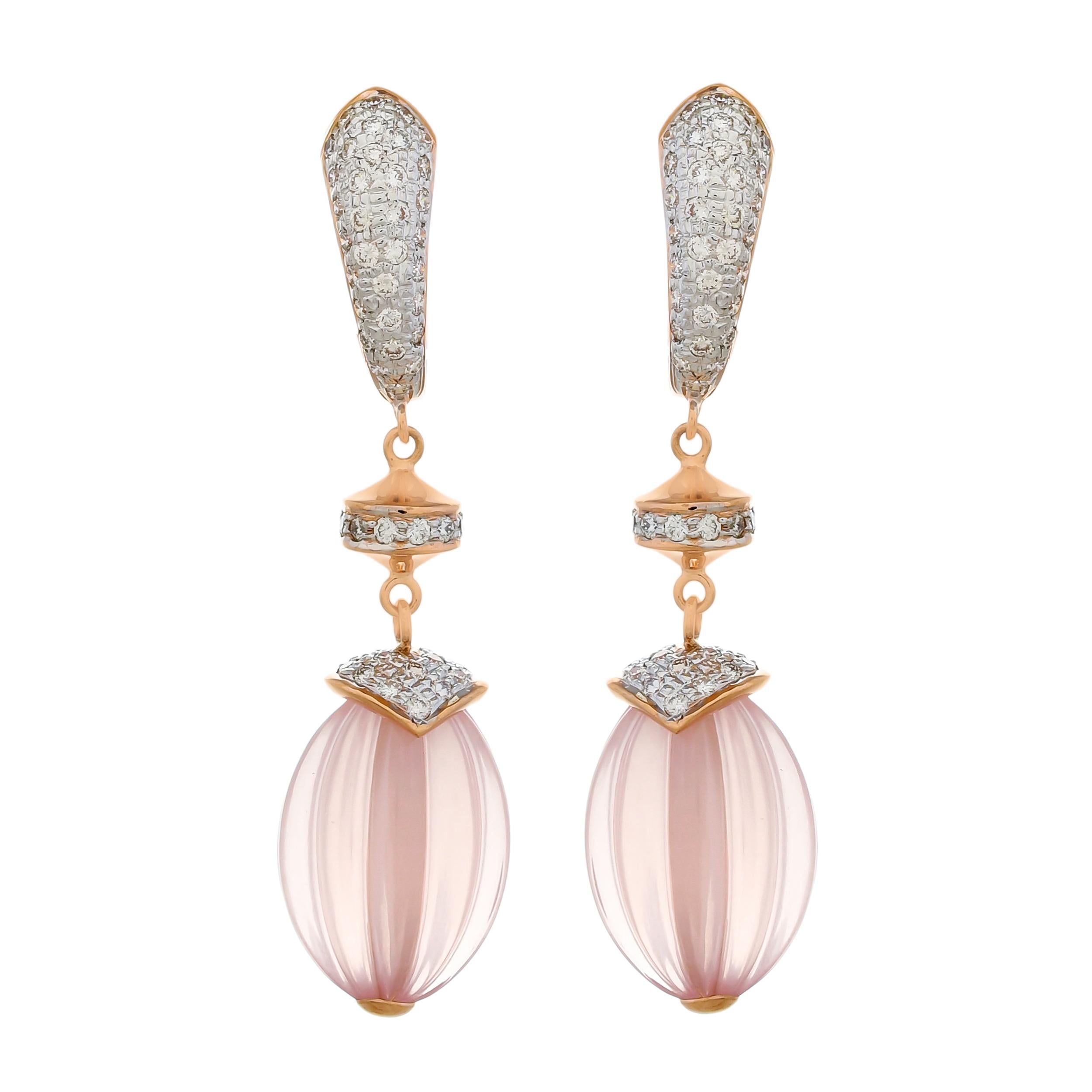 36.52 Carat Rose Quartz Melon and Diamond 18kt Rose Gold Drop Earrings For Sale