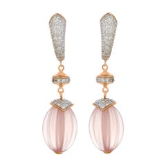 36.52 Carat Rose Quartz Melon and Diamond 18kt Rose Gold Drop Earrings