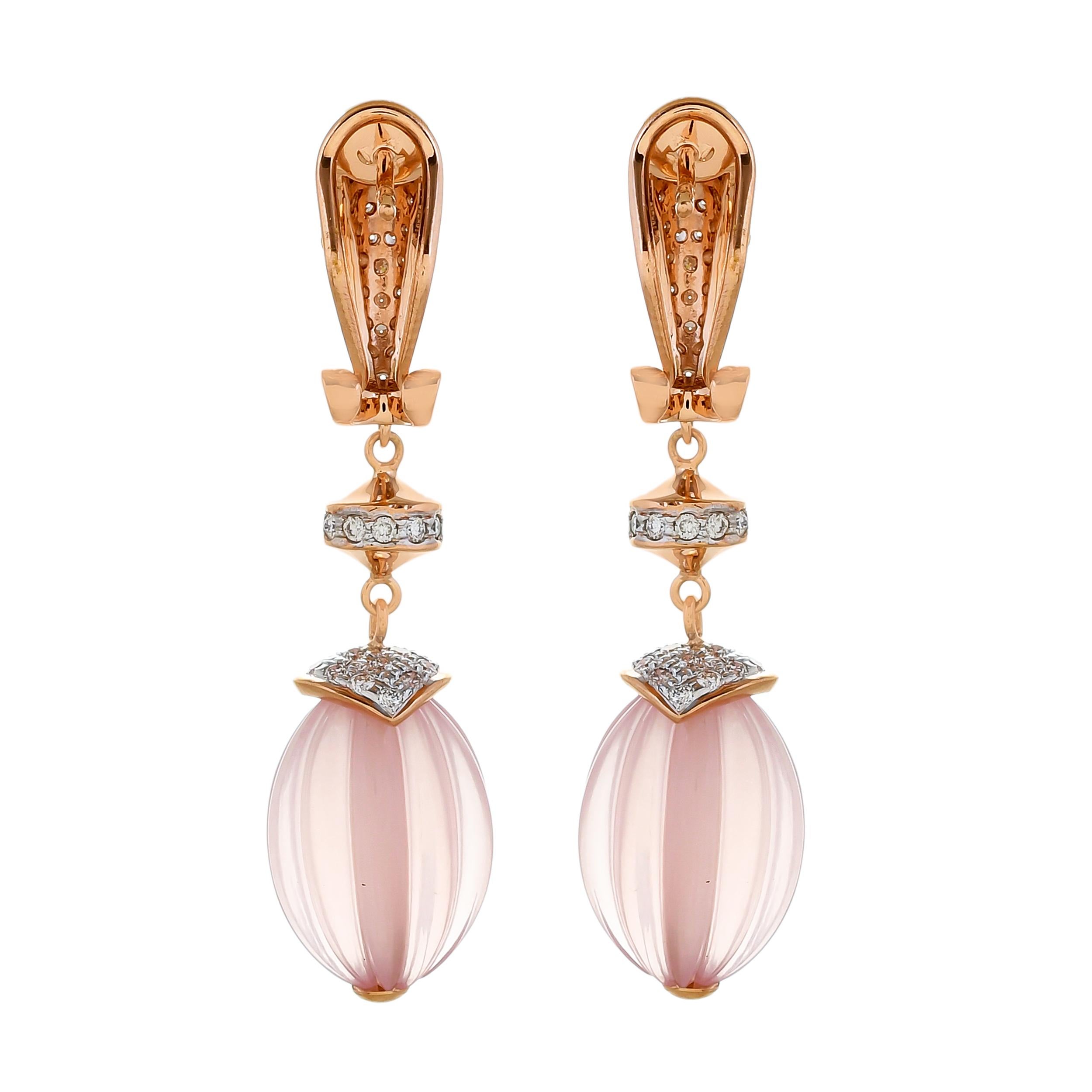 Modern 36.52 Carat Rose Quartz Melon and Diamond 18kt Rose Gold Drop Earrings For Sale