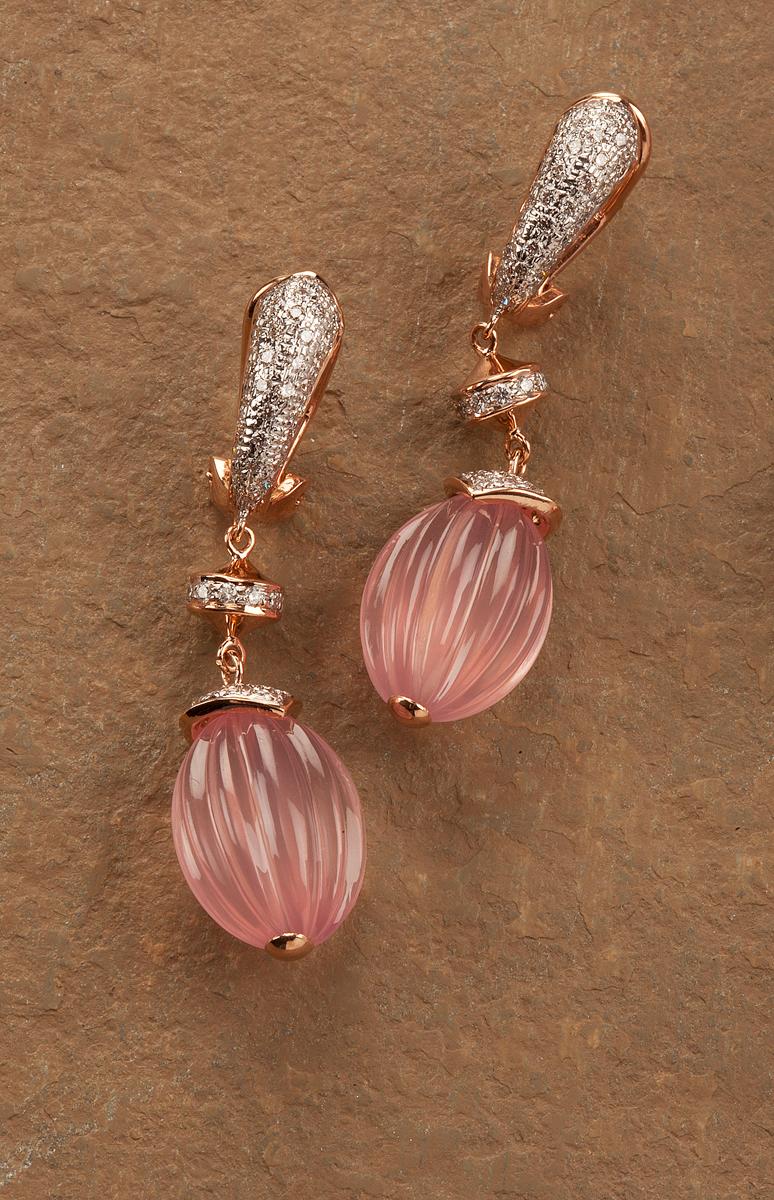 36.52 Carat Rose Quartz Melon and Diamond 18kt Rose Gold Drop Earrings In New Condition For Sale In Jaipur, Jaipur