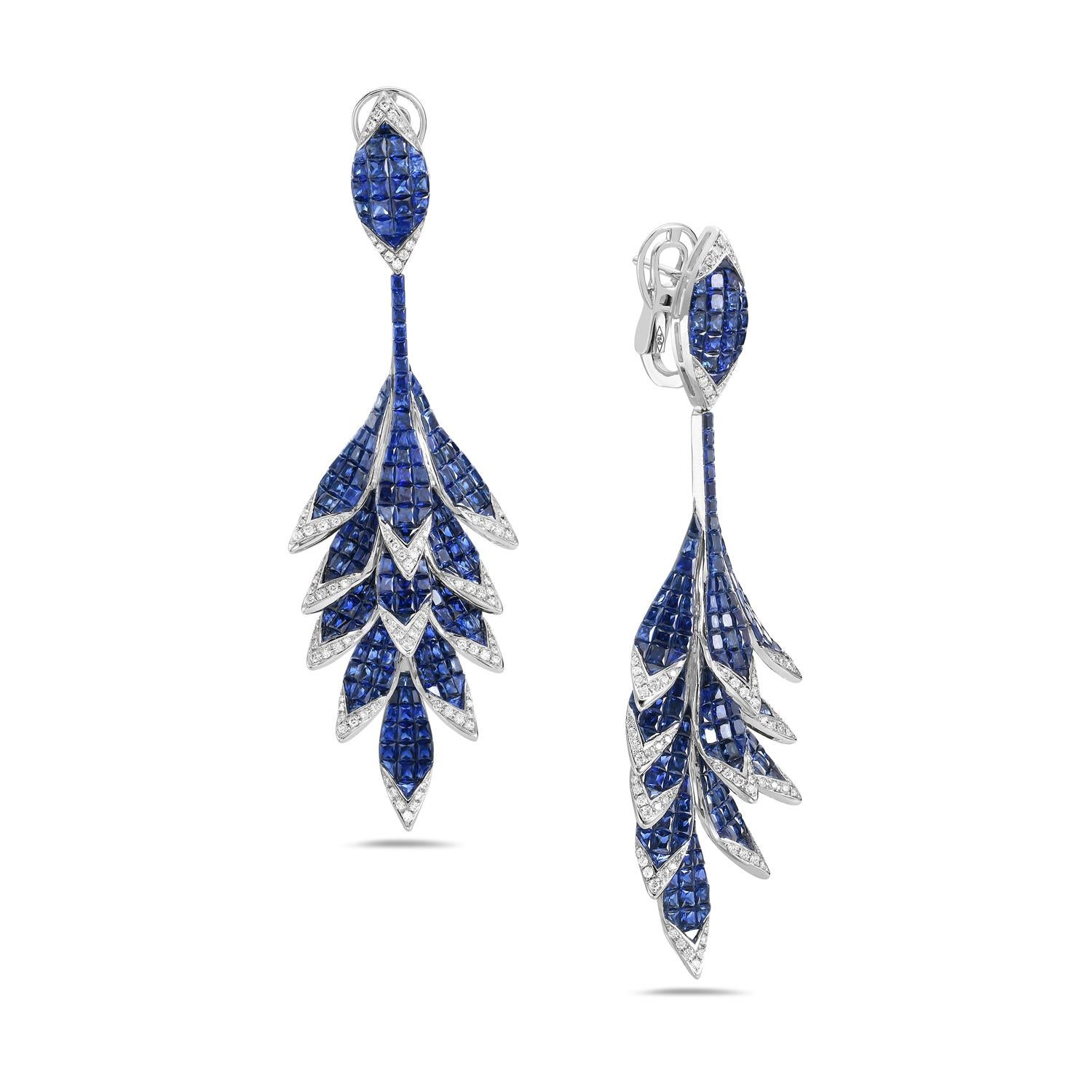 Art Nouveau 36.52 ct Blue Sapphire Studded Dangle Earrings Made In 18k Gold With Diamonds For Sale