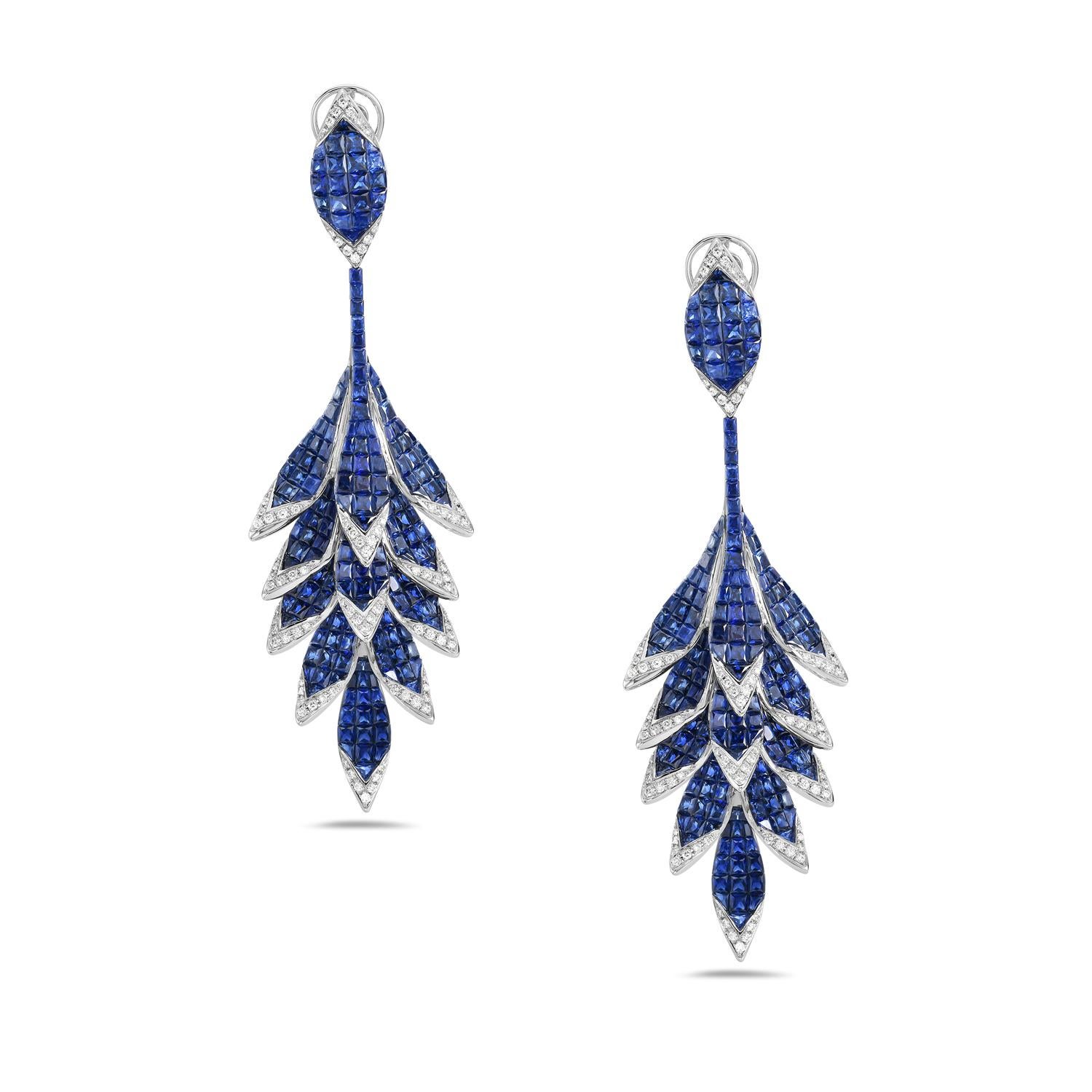 Mixed Cut 36.52 ct Blue Sapphire Studded Dangle Earrings Made In 18k Gold With Diamonds For Sale