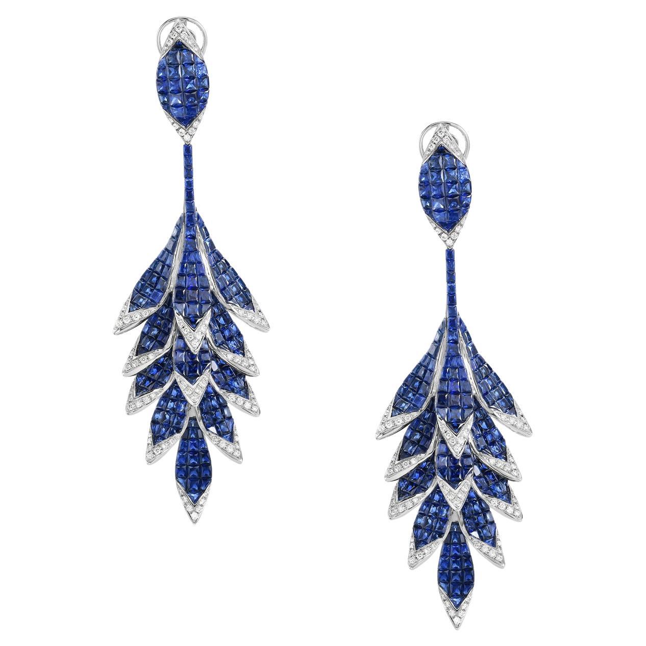 36.52 ct Blue Sapphire Studded Dangle Earrings Made In 18k Gold With Diamonds For Sale