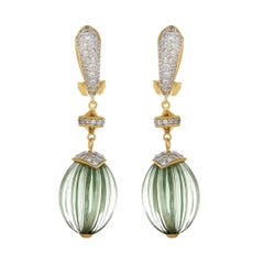 36.53 Carat Green Amethyst Melon and Diamond 18kt Yellow Gold Drop Earrings