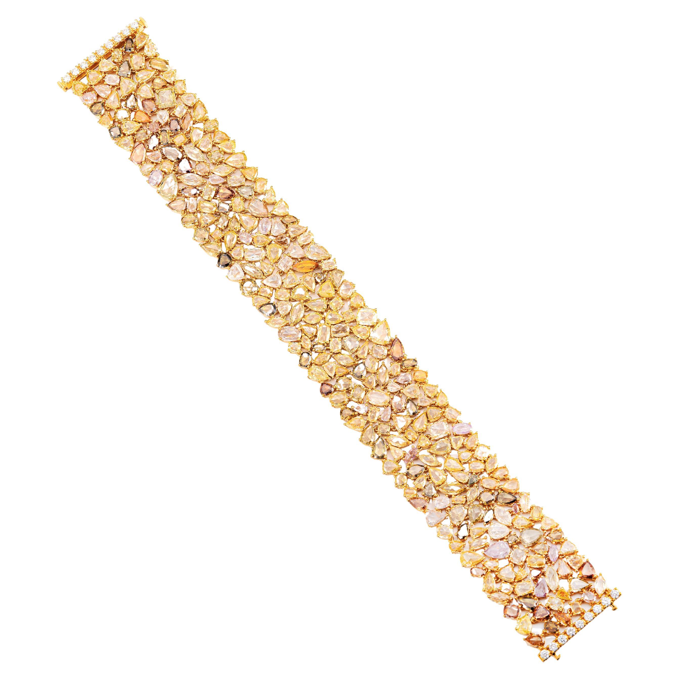 36.55 CT Multicolor Natural Fancy Diamond Mosaic Cuff Bracelet in 18K YellowGold