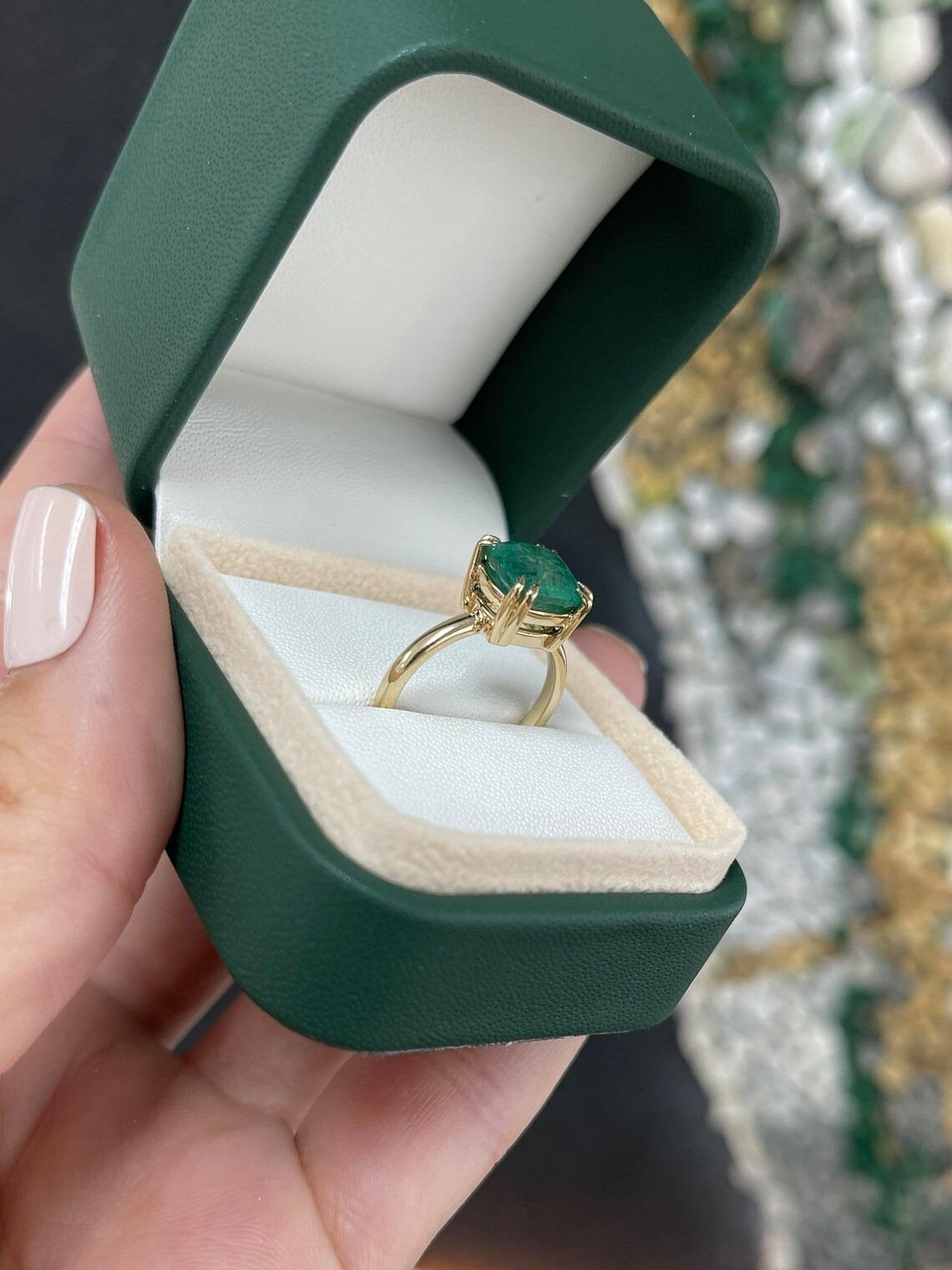 3.65ct 14K Medium Green Solitaire Cushion Cut Emerald Double Claw Prong Ring In New Condition For Sale In Jupiter, FL