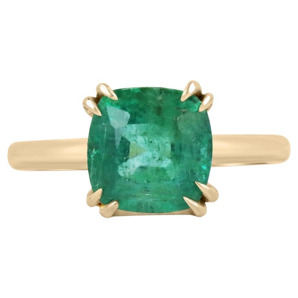 3.65ct 14K Medium Green Solitaire Cushion Cut Emerald Double Claw Prong Ring For Sale