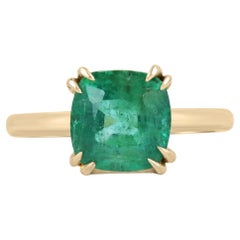 3.65ct 14K Medium Green Solitaire Cushion Cut Emerald Double Claw Prong Ring