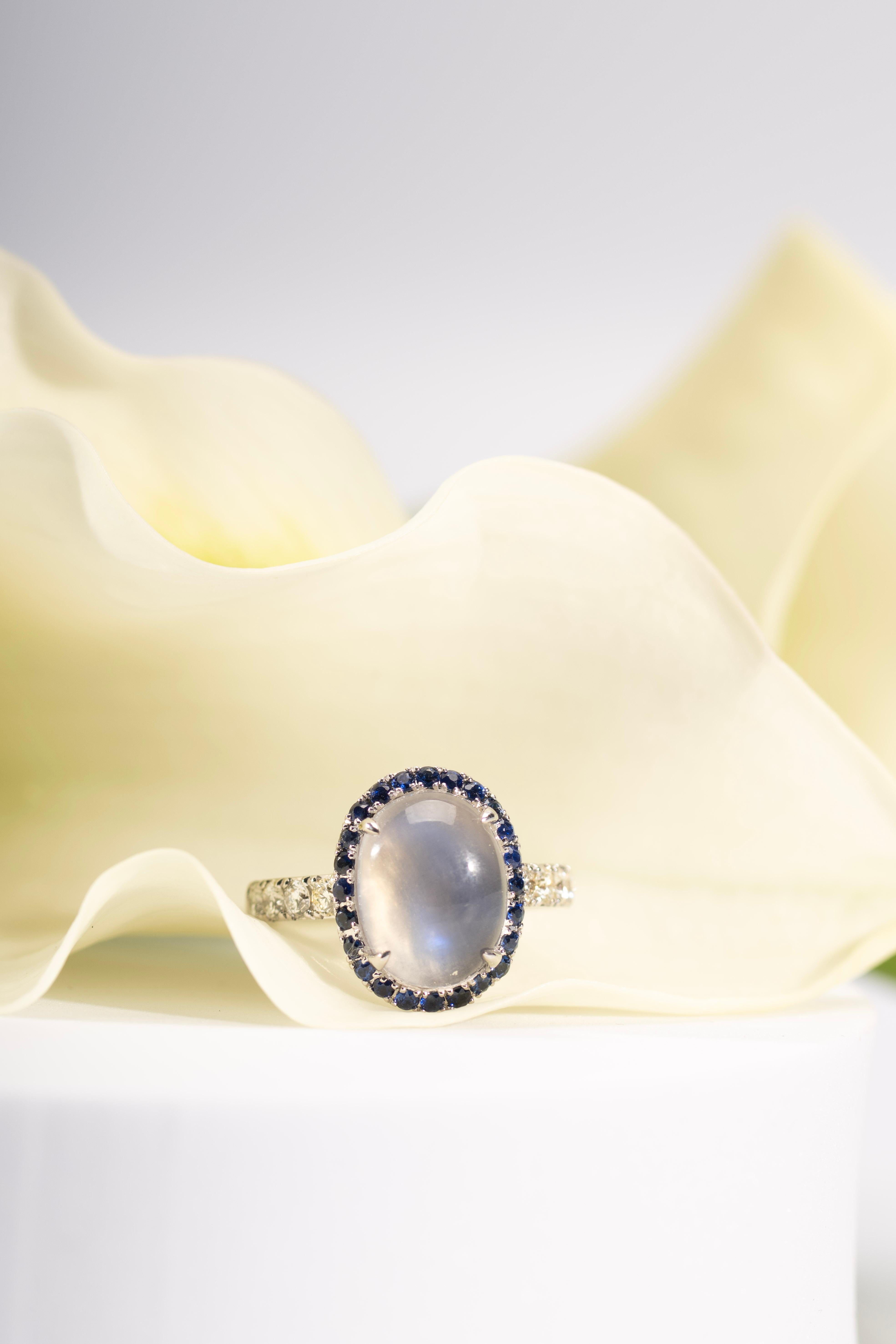 in vendita:  Pietra di luna blu da 3,65 carati con zaffiro blu aureolato in oro bianco 18 carati 3