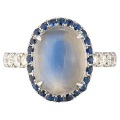 3.65ct Blue Moonstone with Blue Sapphire Halo in 18K White Gold