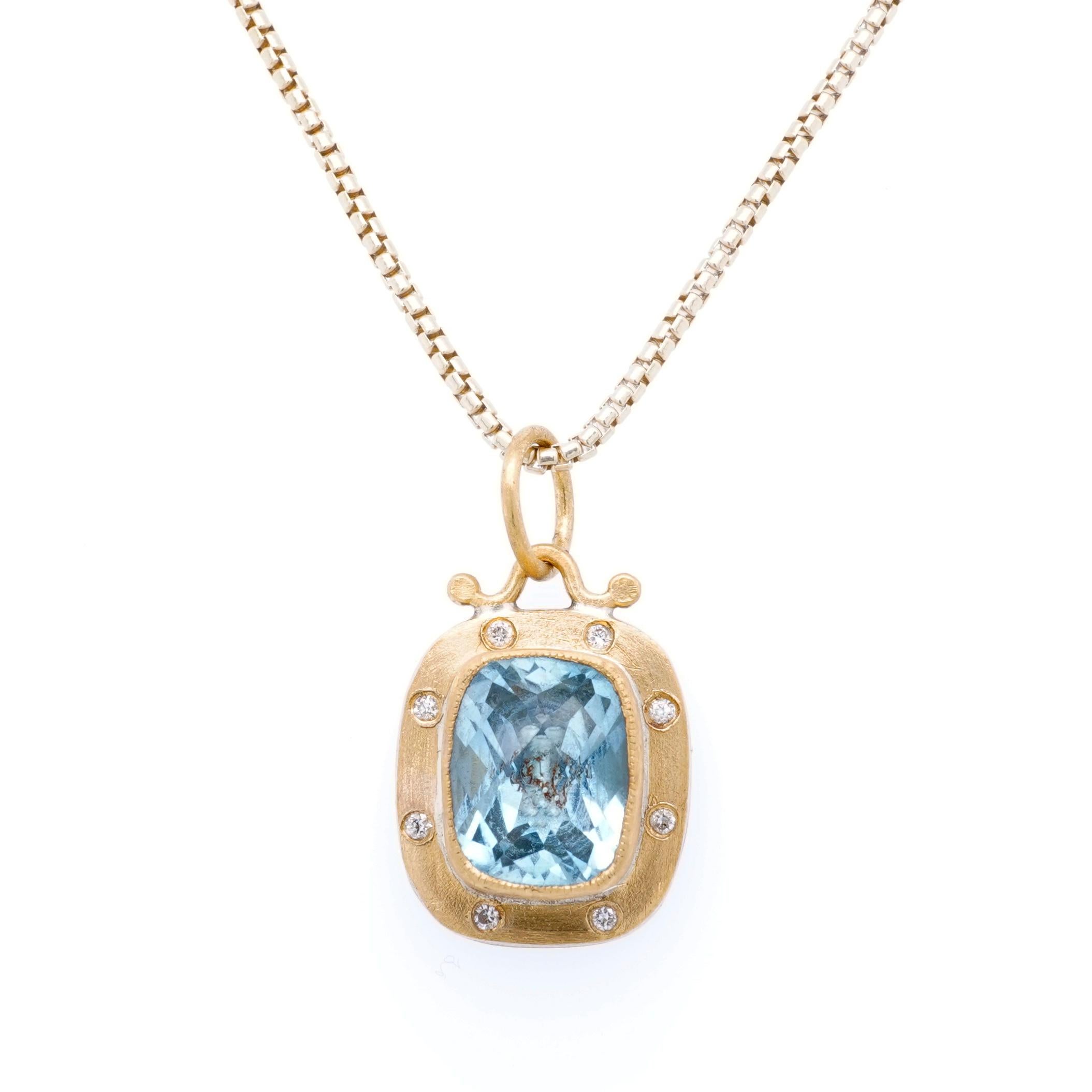 3.65ct Faceted Checkerboard Light Blue Topaz Charm Pendant Necklace with Diamond In New Condition For Sale In Bozeman, MT
