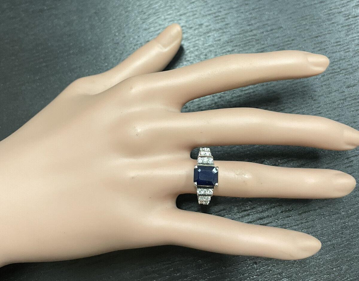 Mixed Cut 3.65Ct Natural Blue Sapphire and Natural Diamond 14K Solid White Gold Ring For Sale